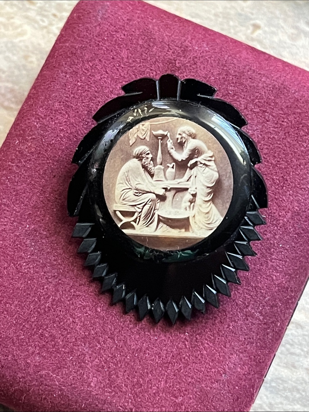 Unusual Antique Neo-Classical Cameo With Carved French Jet Black Glass Brooch